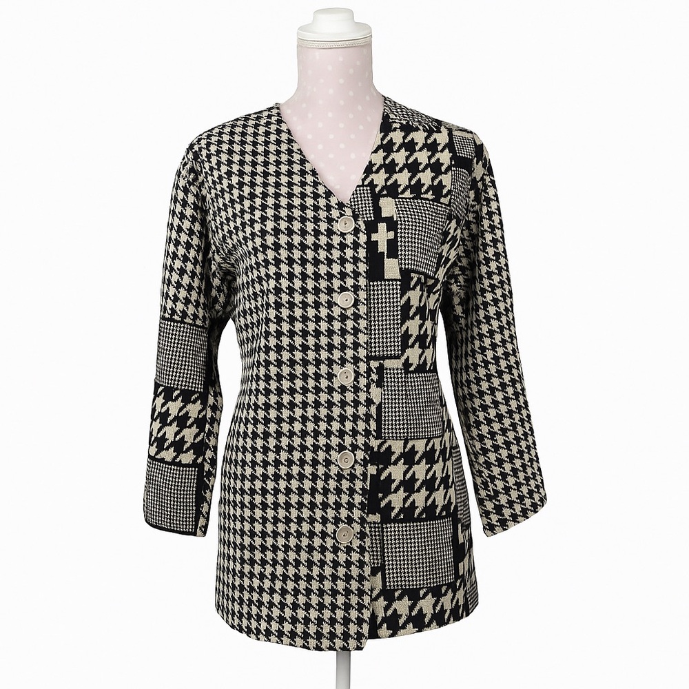 Vintage Carole Little Sport Black White Houndstooth Patchwork Blazer Small